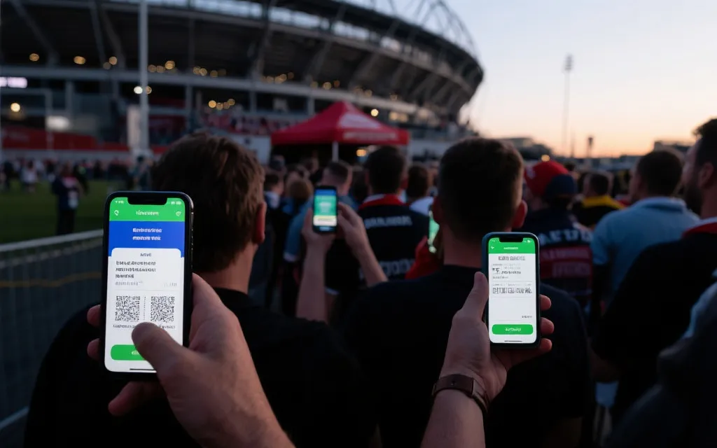 球场外排队入场的球迷与手机电子票界面，写实摄影风格