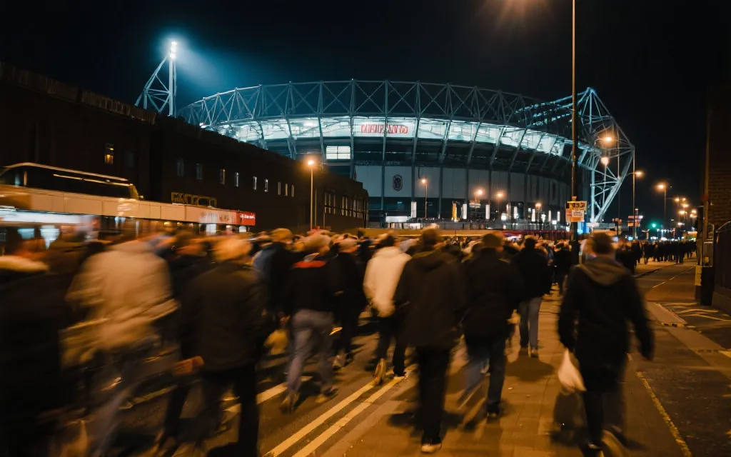 比赛日夜晚的人群从球场散场,街道灯光与步行动线,纪录片风格