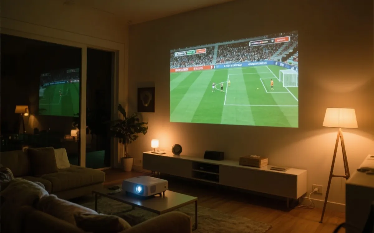夜晚客厅使用投影仪播放足球比赛，大画面投在墙上，氛围灯微亮