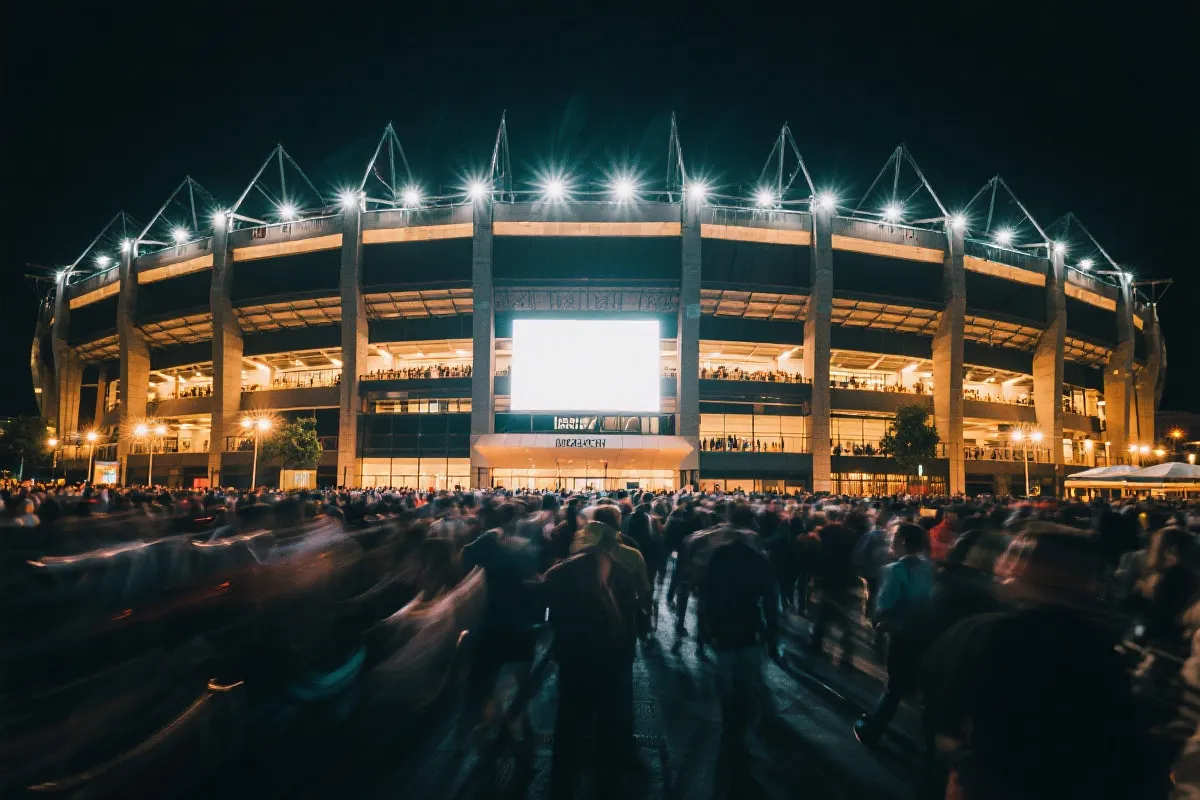 夜幕下的球场与人群动线氛围图