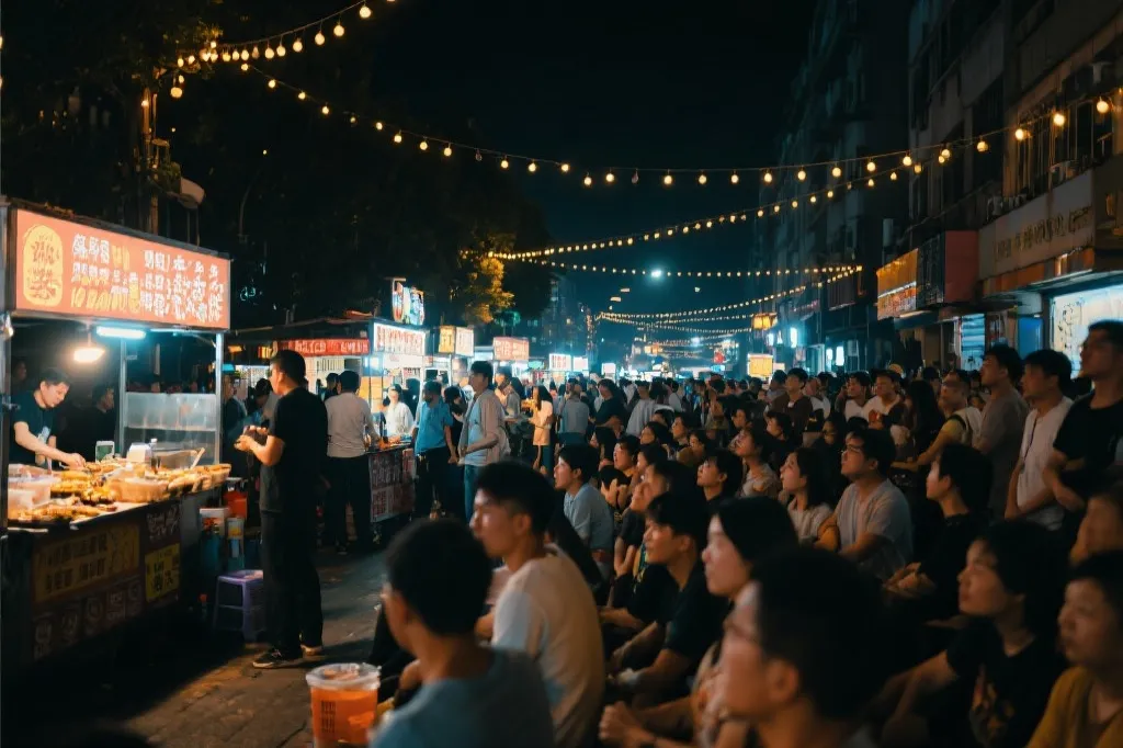 街头夜市与灯串下的人群看大屏幕比赛，食物摊位、热闹夜生活、纪实摄影