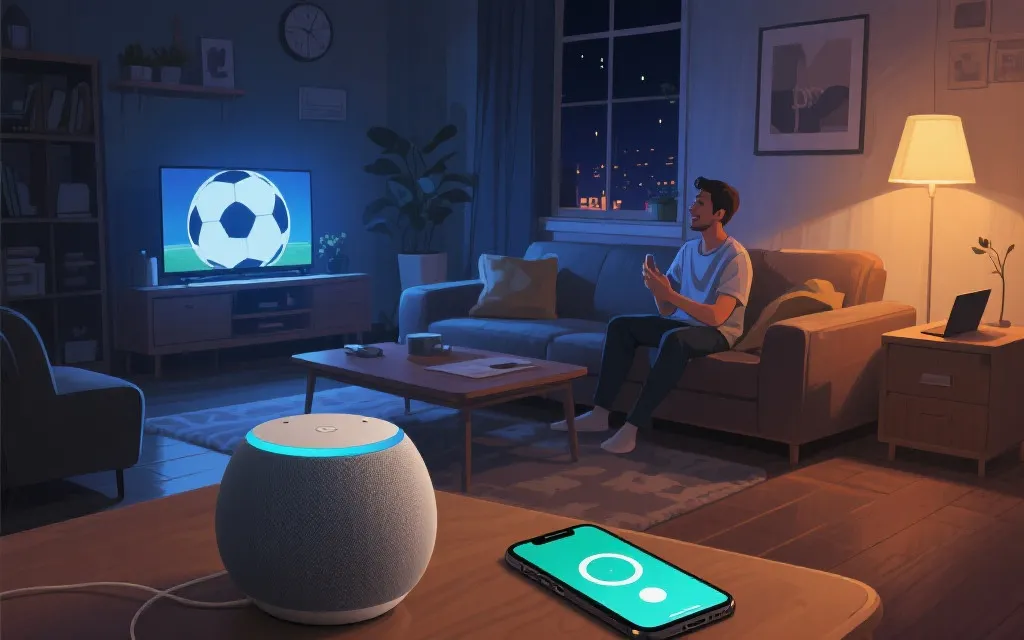 客厅中的智能音箱与手机同时提醒的家庭观赛场景