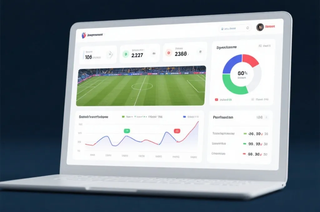 A clean and modern sports analytics dashboard on a screen displaying match statistics and real-time performance charts